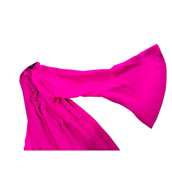 Nordstrom Eclair Fuchsia Blouse Sz Small Bell Sleeves Laced V-Neck Top Chiffon - Picture 5 of 8